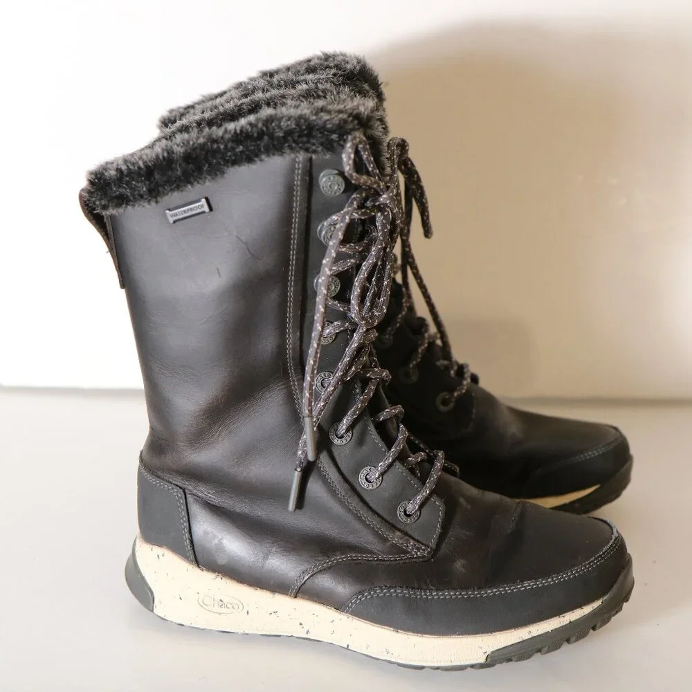 Chaco Borealis Tall Waterproof Lace Up Boot Womens 6.5 Black‎ Mink Faux Fur Snow